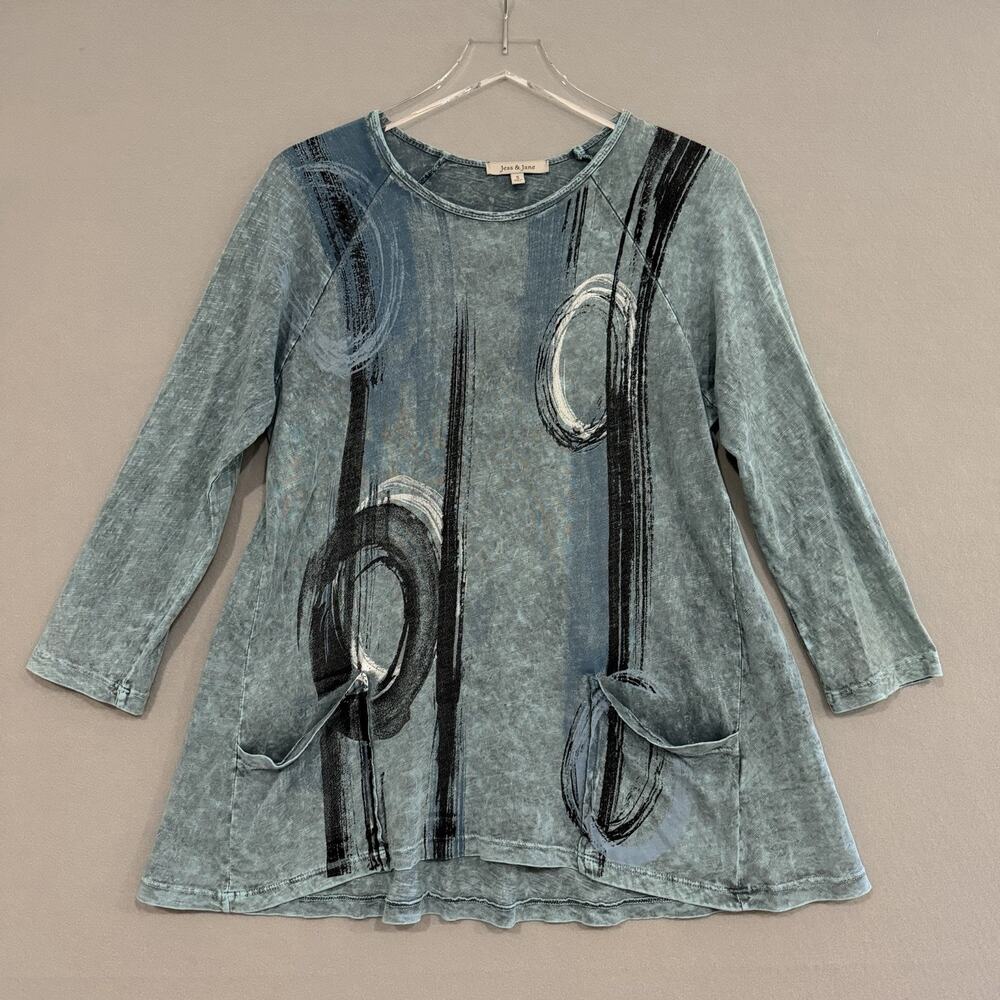 Jess & Jane Top Small Blue 3/4 Sleeve Artsy Lagenlook Tunic Front Pockets